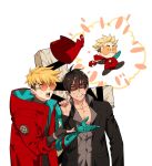  3boys black_gloves black_hair black_jacket black_shirt blonde_hair blue_eyes chibi cigarette coat collarbone collared_shirt constricted_pupils cosplay cowboy_shot facial_hair fingerless_gloves gaeha_is glasses gloves grey_shirt hands_up highres holding jacket large_cross long_sleeves male_focus mouth_hold multiple_boys nicholas_d._wolfwood orange-tinted_eyewear partially_unbuttoned red_coat round_eyewear shirt short_hair spider-man spider-man_(cosplay) standing sunglasses sweatdrop teeth tinted_eyewear trigun trigun_stampede undercut vash_the_stampede white_background 