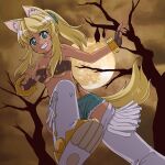  1girl animal_ear_fluff animal_ears bare_tree bat_(animal) belt_bra blonde_hair blue_eyes boots breasts brown_gloves commentary_request dark-skinned_female dark_skin denim denim_shorts extra_ears facial_mark fingerless_gloves foot_out_of_frame full_moon gloves grin ki_(adotadot) liru long_hair looking_at_viewer moon o-ring open_hands partial_commentary ponytail renkin_san-kyuu_magical_pokaan shoe_soles shorts smile solo tail thick_eyebrows thigh_boots tree whisker_markings white_footwear wolf_ears wolf_girl wolf_tail 