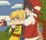  1boy 1girl backwards_hat baseball_cap belt black_eyes black_gloves black_hair black_shirt blonde_hair blue_pants blurry blurry_foreground brown_belt covered_mouth fingerless_gloves gloves hat holding holding_poke_ball jacket ketchup-p long_hair long_sleeves outdoors pants poke_ball pokemon pokemon_adventures ponytail red_(pokemon) red_headwear red_jacket shirt short_hair short_sleeves tree yellow_(pokemon) 