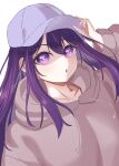  1girl adjusting_clothes adjusting_headwear baseball_cap collarbone commentary floating_hair grey_hoodie hair_between_eyes hat highres hood hoodie hoshino_ai_(oshi_no_ko) long_hair long_sleeves looking_at_viewer nm_(nmxmil) open_mouth oshi_no_ko purple_eyes purple_hair sidelocks simple_background solo star-shaped_pupils star_(symbol) symbol-shaped_pupils upper_body variant_set white_background 