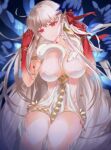  1girl armlet bare_shoulders belly_chain blush body_markings bracelet breasts cleavage collarbone colored_skin durga_(fate) earrings endlessfalling extra_arms facial_mark fate/grand_order fate_(series) forehead_mark gradient_skin grey_hair hair_ribbon jewelry kali_(fate) large_breasts long_hair looking_at_viewer pelvic_curtain red_eyes red_skin revealing_clothes ribbon sash snake solo thighs thumb_ring very_long_hair 