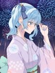  1girl blue_eyes blue_hair blue_nails blush ear_blush earrings fingernails fireworks hair_ornament hair_twirling hairstyle_request hand_up highres hololive hoshimachi_suisei japanese_clothes jewelry kimono kohaku_(csacu) looking_ahead nervous night obi outdoors sash solo star_(symbol) star_earrings star_in_eye symbol_in_eye upper_body virtual_youtuber wide_sleeves yukata 