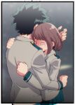  1boy 1girl boku_no_hero_academia brown_eyes brown_hair couple green_eyes green_hair green_skirt grey_background grey_jacket jacket midoriya_izuku non-web_source school_uniform short_hair skirt tears the_lovers_(tarot) uraraka_ochako 