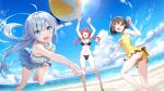  3girls absurdres ahoge artist_request ball bare_arms bare_legs barefoot beach beachball bikini black_bikini blue_bikini blue_eyes blue_sky breasts brown_eyes brown_hair casual_one-piece_swimsuit character_request cleavage collarbone copyright_request day fang floating_hair frilled_bikini frills game_cg hair_intakes hair_ornament highres jumping lens_flare long_hair medium_breasts multiple_girls ocean one-piece_swimsuit open_mouth outdoors polka_dot polka_dot_bikini red_eyes red_hair ribbon short_hair side-tie_bikini_bottom skin_fang sky standing swimsuit twintails white_hair white_ribbon yellow_one-piece_swimsuit 