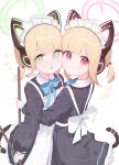  2girls absurdres animal_ear_headphones animal_ears apron back_bow black_dress blonde_hair blue_archive blue_bow blue_bowtie blush bow bowtie broom cat_ear_headphones cat_ears cat_tail closed_mouth commentary dress fake_animal_ears fake_tail flying_sweatdrops frilled_apron frills green_bow green_eyes green_halo hair_bow halo headphones highres holding holding_broom long_sleeves looking_at_viewer maid maid_apron maid_headdress midori_(blue_archive) midori_(maid)_(blue_archive) momoi_(blue_archive) momoi_(maid)_(blue_archive) multiple_girls notice_lines official_alternate_costume open_mouth osorii pink_eyes pink_halo puffy_long_sleeves puffy_sleeves red_bow short_hair short_twintails siblings simple_background sisters smile split_mouth tail twins twintails white_apron white_background white_bow 
