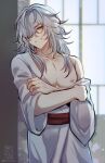  1boy alternate_hairstyle belt crossed_arms grey_hair hair_down hair_over_one_eye highres honkai:_star_rail honkai_(series) jing_yuan long_sleeves looking_at_viewer male_focus michi_(69michichi) mole mole_under_eye nipples one_eye_covered pectorals red_belt robe robe_partially_removed smirk solo white_robe yellow_eyes 