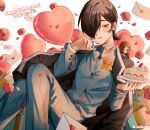  2boys balloon bishounen black_hair black_jacket blush bouquet box brown_hair cake commentary dated english_commentary falling_petals flower food food_on_face fork gakuran gift gift_box hair_over_one_eye half-closed_eyes happy_birthday heart_balloon highres holding holding_fork holding_plate jacket jacket_on_shoulders kasugayama_high_school_uniform kurosu_jun looking_at_viewer love_letter male_focus multiple_boys persona persona_2 petals plate red_flower red_rose risuko.exe_(artist) rose school_uniform seven_sisters_high_school_uniform short_hair simple_background smile strawberry_shortcake suou_tatsuya white_background 