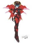  1girl blue_eyes breasts colored_skin high_heels highres humanoid_robot looking_at_viewer mechanical_wings medium_breasts metal_skin panties red_panties robot simple_background solo tanaki_bouei transformers underwear white_background windblade wings 