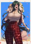  1girl 50x48x48 ascot asymmetrical_bangs blush breasts closed_umbrella collared_shirt flower green_hair hat highres holding holding_sack kazami_yuuka kazami_yuuka_(pc-98) large_breasts long_hair long_skirt long_sleeves one_eye_covered open_mouth plaid plaid_skirt plaid_vest red_eyes red_skirt red_vest sack shirt skirt skirt_set smile solo sunflower touhou touhou_(pc-98) umbrella very_long_hair vest white_shirt yellow_ascot 