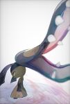  blurry commentary_request extra_mouth from_side head_down highres mawile open_mouth pokemon pokemon_(creature) red_eyes sharp_teeth solo standing teeth wafu_pkmn white_background 