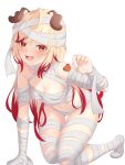  1girl animal_ear_fluff animal_ears arm_tattoo bandages blonde_hair blush breasts brown_eyes cleavage commentary_request dog_ears dog_girl fangs full_body halloween_costume highres jack-o&#039;-lantern_tattoo kneeling long_hair looking_at_viewer medium_breasts multicolored_hair mummy_costume naked_bandage nanashi_inc. navel open_mouth red_eyes red_hair rin_(0917608) seshima_rui simple_background smile solo tattoo transparent_background two-tone_hair virtual_youtuber 