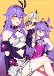  3girls ahoge bare_shoulders check_commentary clothing_cutout commentary_request fang flat_chest fur_collar grey_hair hair_ornament highres honkai_(series) honkai_impact_3rd kiana_kaslana kiana_kaslana_(herrscher_of_the_void) long_hair mini_person minigirl misapit multiple_girls multiple_persona open_mouth purple_hair sirin sirin_(miracle_magical_girl) smile symbol-shaped_pupils v very_long_hair yellow_eyes 