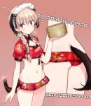  1girl animal_ears ass bamboo_steamer blue_eyes braid china_dress chinese_clothes dress floral_print food holding holding_food lowleg lowleg_panties lyudmila_andreyevna_ruslanova maid_headdress midriff navel panties pink_background red_panties shimada_fumikane solo tail twin_braids underwear world_witches_series 