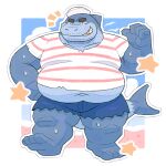  2023 absurd_res anthro belly big_belly bodily_fluids bottomwear clothing fish hat headgear headwear hi_res humanoid_hands kemono male marine overweight overweight_male peekeroro shark shorts solo sweat 