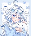  1girl blue_eyes blue_nails blue_ribbon blue_shirt border cinnamoroll estelleartss frilled_shirt_collar frills furina_(genshin_impact) genshin_impact hair_ornament hair_ribbon hairpin heart heart_print highres jewelry light_blush long_hair looking_at_viewer open_mouth ribbon ring shirt two-tone_background upper_body white_hair 