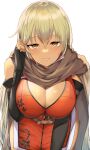  1girl absurdres adjusting_hair bare_shoulders belt black_gloves blonde_hair breasts brown_cape cape cleavage dark-skinned_female dark_skin dress elbow_gloves fire_emblem fire_emblem:_the_binding_blade gloves grin highres igrene_(fire_emblem) large_breasts leaning_forward long_hair looking_at_viewer multiple_belts red_dress short_dress side_slit simple_background smile solo upper_body white_background yamato_(muchuu_paradigm) yellow_eyes zettai_ryouiki 
