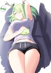 antlers black_shorts braid branch breasts ceres_fauna couch green_hair highres hololive hololive_english large_breasts lying midriff mole mole_under_eye navel on_back redi_(rasec_asdjh) shirt shorts single_braid sitting sleeping thighs white_shirt 