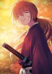  1boy blurry blurry_background closed_eyes closed_mouth commentary cross_scar hair_between_eyes hakama hakama_pants highres himura_kenshin japanese_clothes katana kimono long_hair long_sleeves looking_at_viewer low_ponytail male_focus orange_hair pants red_hair red_kimono remsor076 rurouni_kenshin samurai scar scar_on_cheek scar_on_face sheath sheathed smile solo sword twitter_username upper_body weapon white_hakama wide_sleeves 