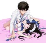  1boy 1girl alternate_costume arm_support artist_logo bare_shoulders bed_sheet bow breasts brown_hair chitanda_eru cleavage closed_mouth eye_contact green_eyes hair_between_eyes hairband hetero highres hyouka large_breasts long_hair looking_at_another lying mery_(yangmalgage) navel necktie on_side oreki_houtarou parted_lips purple_eyes shorts stomach striped striped_bow striped_necktie teeth white_background white_hairband white_shorts 