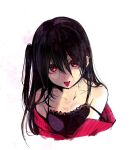  1girl amase_oruko_(artist) bare_shoulders black_camisole black_hair camisole cardigan collarbone commentary_request ear_piercing hair_between_eyes highres long_hair looking_at_viewer off_shoulder one_side_up original piercing red_cardigan red_eyes simple_background sketch solo strap_slip tongue tongue_out tongue_piercing white_background 