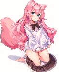  &gt;:( 1girl :t animal_ear_fluff animal_ears bare_legs barefoot black_skirt blue_eyes commission fox_ears fox_girl fox_tail full_body highres indie_virtual_youtuber kneeling long_hair long_sleeves looking_at_viewer momochiru pink_hair pleated_skirt second-party_source skeb_commission skirt skirt_around_ankles sleeves_past_wrists sweater tail v-shaped_eyebrows virtual_youtuber wata_ramune wavy_hair white_sweater 