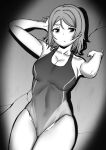  1girl armpit_crease arms_up breasts cameltoe cleavage competition_swimsuit drolian2 greyscale highres love_live! love_live!_sunshine!! monochrome one-piece_swimsuit short_hair simple_background solo swimsuit thighs watanabe_you 