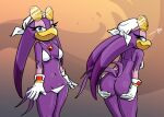  absurd_res anthro beak bedroom_eyes bent_over bottomless butt clothed clothing dubindo eyewear eyewear_on_head feathers female front_view gloves half-closed_eyes handwear hi_res jewelry narrowed_eyes necklace panties panties_down partially_clothed presenting presenting_hindquarters purple_body purple_feathers rear_view seductive sega solo sonic_riders sonic_the_hedgehog_(series) sunglasses sunglasses_on_head swallow_(disambiguation) underwear underwear_down undressing wave_the_swallow 