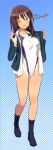  black_socks blazer brown_eyes brown_hair character_request collared_shirt commentary_request competition_swimsuit copyright_request dress_shirt grey_jacket jacket long_hair one-piece_swimsuit one-piece_tan open_clothes open_shirt original polka_dot polka_dot_background shimada_fumikane shirt socks swimsuit swimsuit_under_clothes tan tanlines translation_request white_one-piece_swimsuit white_shirt 