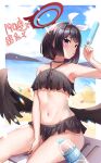  1girl armpits beach bikini black_bikini black_hair black_wings blue_archive blue_sky blurry blush bottle breasts commentary_request day depth_of_field feathered_wings food frilled_bikini frills halo headband highres holding holding_food holding_popsicle kry_oekk looking_at_viewer mashiro_(blue_archive) mashiro_(swimsuit)_(blue_archive) navel ocean official_alternate_costume outdoors partial_commentary popsicle purple_eyes red_halo short_hair sitting sky small_breasts solo sweat swimsuit tongue tongue_out translation_request water_bottle wings 