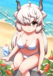  1girl absurdres alternate_costume bare_arms bare_shoulders bikini blush brown_eyes ev_(kemomimizuku) food from_above hair_over_one_eye highres kemono_friends long_hair looking_at_viewer looking_up marine_day midriff ox_ears ox_girl ox_horns shaved_ice sidelocks sitting smile solo swimsuit twintails white_bikini white_hair yak_(kemono_friends) 