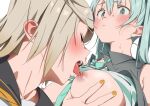  2girls aqua_hair aqua_necktie bare_shoulders between_breasts black_sailor_collar blush bra bra_lift breasts breasts_out brown_hair closed_mouth collared_shirt furuyama_itaru grabbing grabbing_another&#039;s_breast grey_eyes grey_shirt hair_ornament hairclip hatsune_miku kagamine_rin licking licking_nipple long_hair multiple_girls nail_polish necktie necktie_between_breasts nipples open_clothes open_mouth open_shirt orange_nails sailor_collar shirt short_hair simple_background sleeveless sleeveless_shirt striped striped_bra tongue tongue_out twintails underwear upper_body vocaloid white_background yuri 