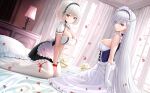 2girls absurdres anchor_choker apron azur_lane bare_shoulders bed bedroom belfast_(azur_lane) black_dress blue_eyes bound bound_wrists braid breasts cleavage curtains desk_lamp dress flower framed_breasts french_braid frilled_apron frilled_pillow frills from_side gloves hair_between_eyes highres indoors lamp large_breasts long_hair looking_at_viewer looking_to_the_side maid_apron maid_headdress manjuu_(azur_lane) multiple_girls petals pillow puffy_short_sleeves puffy_sleeves red_eyes red_flower red_rose rope rose short_hair short_sleeves sirius_(azur_lane) thighhighs tina_(tinafya) v_arms very_long_hair white_curtains white_dress white_gloves white_hair white_thighhighs window 