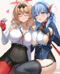  2girls absurdres ako_(blue_archive) bell blue_archive blue_eyes blue_hair blush breasts chinatsu_(blue_archive) cleavage collar glasses gloves hairband halo highres large_breasts light_brown_hair long_hair long_sleeves looking_at_viewer multiple_girls neck_bell open_mouth pointy_ears sideboob xubai 