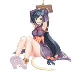  1girl absurdres animal_ears armpits arms_up artist_request bare_legs bdsm bit_gag black_hair bondage bound bound_arms bound_legs breasts cat_tail commission commissioner_upload crotch_rope cuffs detached_sleeves dirty dirty_face feet gag highres jewelry kuon_(utawarerumono) long_hair low-tied_long_hair no_shoes panties restrained rope sash shackles shibari shibari_over_clothes sitting socks soles solo tabi tail thighs toes underwear utawarerumono white_background white_socks 