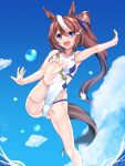  1girl alternate_hairstyle animal_ears barefoot blue_eyes breasts brown_hair casual_one-piece_swimsuit hair_flaps hakkai highres horse_ears horse_girl horse_tail kicking long_hair medium_breasts multicolored_clothes multicolored_hair multicolored_swimsuit one-piece_swimsuit outstretched_arms side_ponytail solo streaked_hair swimsuit tail tokai_teio_(umamusume) two-tone_hair umamusume white_hair white_one-piece_swimsuit 