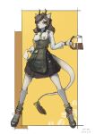  absurd_res anthro beverage brown_eyes brown_hair clothing coffee dragon female fur gfox404 green_clothing grey_body grey_fur hair hi_res hybrid solo 