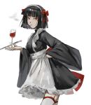  1girl apron black_hair black_kimono bob_cut bow cigarette cowboy_shot cup drinking_glass fkrnnmr hair_bow hairband highres japanese_clothes kimono limbus_company long_sleeves looking_at_viewer maid project_moon red_bow red_eyes ryoshu_(limbus_company) short_hair sidelocks simple_background smoke solo thighhighs tray wa_maid white_apron white_background white_hairband white_thighhighs wide_sleeves wine_glass 