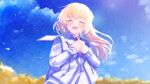  1girl :d ^_^ blonde_hair blue_sky closed_eyes cloud colette_brunel commentary_request day facing_viewer floating_hair highres ittokyu jacket long_hair long_sleeves outdoors own_hands_together signature sky smile solo tales_of_(series) tales_of_symphonia upper_body white_jacket 