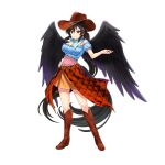  1girl aqua_background black_hair black_wings boots breasts brown_footwear brown_headwear brown_skirt closed_mouth cowboy_boots cowboy_hat full_body game_cg hat highres horse_tail kurokoma_saki large_breasts long_hair looking_at_viewer multicolored_clothes off_shoulder pegasus_wings plaid plaid_skirt ponytail red_eyes rotte_(1109) sidelocks simple_background skirt smile solo tail third-party_source touhou touhou_lost_word very_long_hair white_background wings 