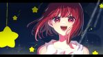  1girl arima_kana bob_cut colored_skin dress falling_star happy highres inverted_bob killua_gon night night_sky open_mouth oshi_no_ko red_eyes red_hair sky smile solo star_(symbol) starry_background white_dress white_skin 