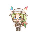  1girl bag blue_eyes full_body glasses gloves green_hair hat hat_feather kemono_friends kemono_friends_pavilion long_hair looking_at_viewer mirai_(kemono_friends) official_art open_mouth ribbon scarf shirt shoes shorts socks solo transparent_background 