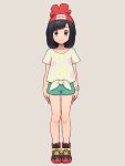  1girl arms_at_sides asymmetrical_bangs bare_legs beanie black_hair blue_eyes bracelet chiwino closed_mouth commentary_request commission eyelashes floral_print full_body green_shorts grey_background hat highres jewelry knees looking_at_viewer medium_hair pixiv_commission pokemon pokemon_(game) pokemon_sm red_headwear selene_(pokemon) shirt shoes short_shorts short_sleeves shorts simple_background smile solo standing t-shirt tied_shirt yellow_shirt z-ring 