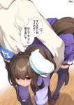  1boy 1girl :i :t absurdres admire_vega_(umamusume) animal_ears black_hair blush carrying carrying_person commentary_request hair_between_eyes hat hibiki_(zerocodo) highres horse_ears horse_tail long_hair ponytail pout school_uniform simple_background tail take_it_home thighhighs tracen_school_uniform trainer_(umamusume) translation_request umamusume white_background 