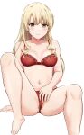  1girl absurdres bare_shoulders barefoot blonde_hair blush bra breasts closed_mouth collarbone drill_hair feet green_eyes hand_on_own_crotch highres inanaki_shiki knees lace lace-trimmed_bra lace_panties lace_trim legs_apart long_hair looking_at_viewer medium_breasts miura_yumiko navel panties partially_visible_vulva red_bra red_panties simple_background sitting solo underwear underwear_only wavy_mouth white_background yahari_ore_no_seishun_lovecome_wa_machigatteiru. 