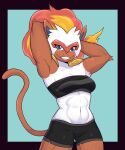  2023 abs anthro artkett1412 bandeau black_bottomwear black_clothing black_shorts bottomwear clothed clothing female fire generation_4_pokemon hands_behind_head hi_res infernape looking_at_viewer nintendo pokemon pokemon_(species) shorts simple_background smile smiling_at_viewer solo tail topwear 