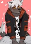  2023 anthro blush bottomwear brown_body brown_fur canid canine canis clothing domestic_dog fur hair hi_res jacket lifewonders looking_at_viewer luwei_(artist) male mammal pants pink_background shirt simple_background solo t-shirt tadatomo tail tokyo_afterschool_summoners topwear white_hair 