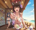  5girls :d animal_ear_fluff animal_ears beach bikini black_hair blue_archive blue_sky breasts brown_hair cat_ears cat_girl cloud day fangs flower food fox_ears fox_girl fox_tail fruit hair_flower hair_ornament halo heart highres holding holding_spoon ice_cream_scoop incoming_food izuna_(blue_archive) izuna_(swimsuit)_(blue_archive) large_breasts leaning_forward looking_at_viewer mask mask_removed multiple_girls navel nonomi_(blue_archive) nonomi_(swimsuit)_(blue_archive) ocean open_mouth parfait pov red_eyes serika_(blue_archive) serika_(swimsuit)_(blue_archive) shiroko_(blue_archive) shiroko_(swimsuit)_(blue_archive) shop shugo_15 sign sky small_breasts smile spoon stomach strawberry swimsuit table tail teeth twintails wakamo_(blue_archive) yellow_eyes 