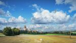  aircraft airplane artist_name blue_sky building cloud day dirt highres no_humans original outdoors sky town tree yucong_tang 