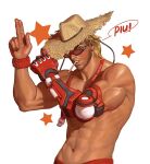  1boy abs brown_hair cassidy_(overwatch) et.m facial_hair finger_gun hat large_pectorals lifeguard_cassidy male_focus mechanical_arms muscular muscular_male navel official_alternate_costume overwatch overwatch_1 pectorals short_hair sideburns simple_background single_mechanical_arm solo straw_hat sunglasses teeth topless_male whistle whistle_around_neck white_background wristband 