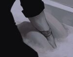  1boy 1girl bathtub between_legs foam hand_between_legs hand_on_another&#039;s_leg hetero highres knees_up long_sleeves monochrome original shiny_skin watch water wristwatch yanh_hyung 